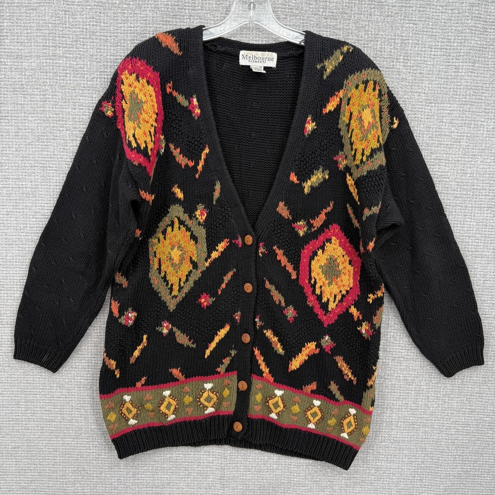 Vintage Melbourne Elements Sweater Womens Medium Black Cardigan Beaded Aztec 80s